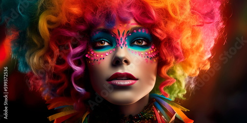 person's face, with colorful makeup and a rainbow-colored wig, looking directly at the camera with confidence and joy. Generative AI