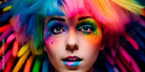 person s face  with colorful makeup and a rainbow-colored wig  looking directly at the camera with confidence and joy. Generative AI