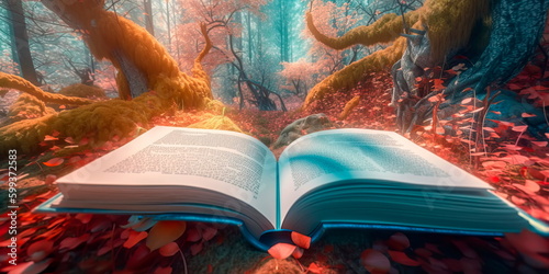 forest, where books grow on trees and their pages are made of leaves that rustle in the wind.Generative AI