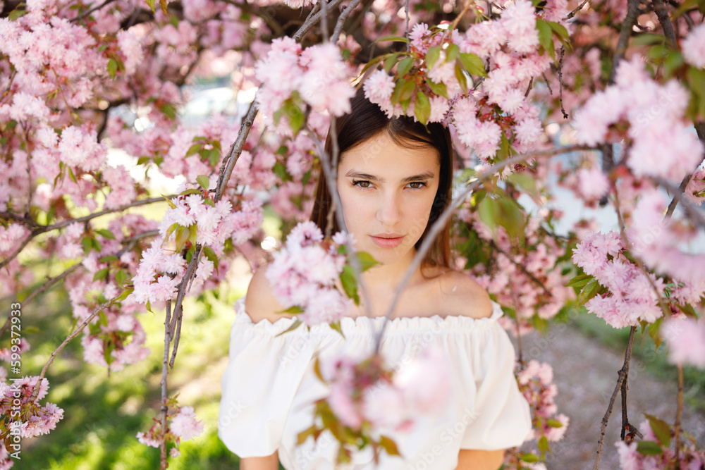 Young Gilrs Face Looking at the Camera, Standing in the Sakura Flowers Blooming. Beauty Portrait. Femininity and Natural Beauty Concept Young Gilrs Face Looking at the Camera, Standing in the Sakura Flowers Blooming. Beauty Portrait. Femininity and Natural Beauty Concept