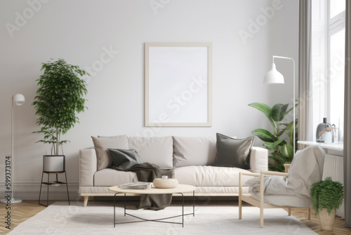 Scandinavian Living Room with Blank Horizontal Poster Frame and Minimalist Decor © Georg Lösch