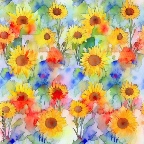 Seamless Watercolor Sunflower Pattern, Repeating Floral Background, Generative AI