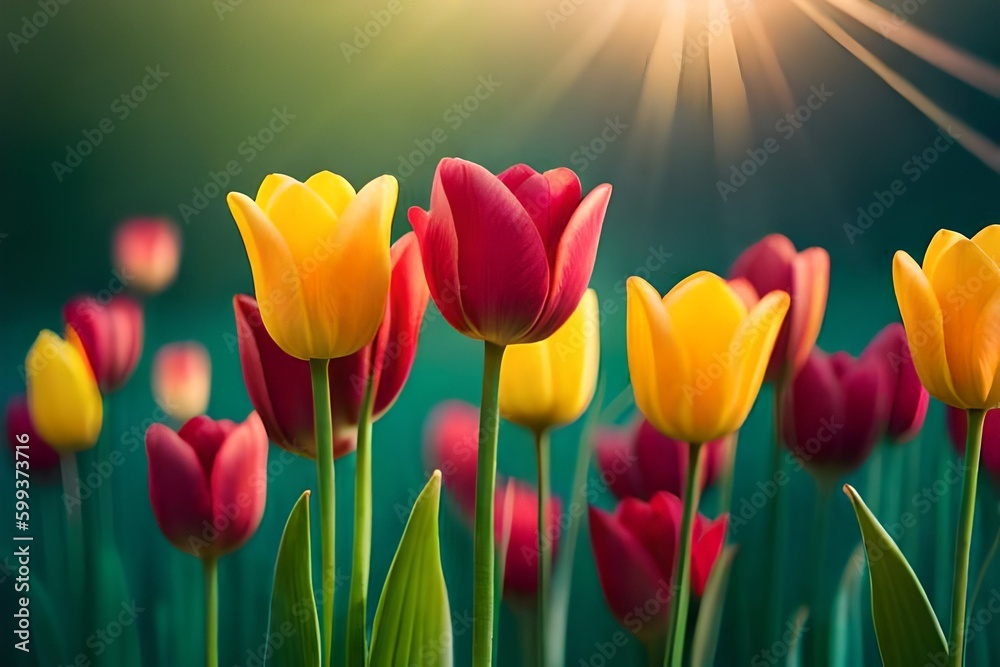 Blooming tulips field illuminated in spring by the sun. Created with Generative AI technology