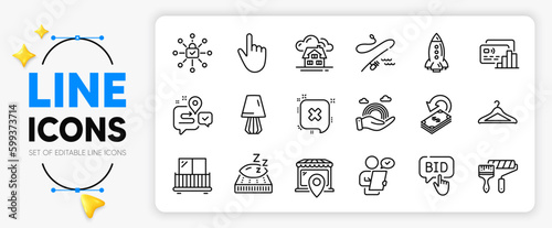 Bid offer, Fishing rod and Table lamp line icons set for app include Cloakroom, Market location, Building outline thin icon. Security lock, Paint roller, Customer survey pictogram icon. Vector