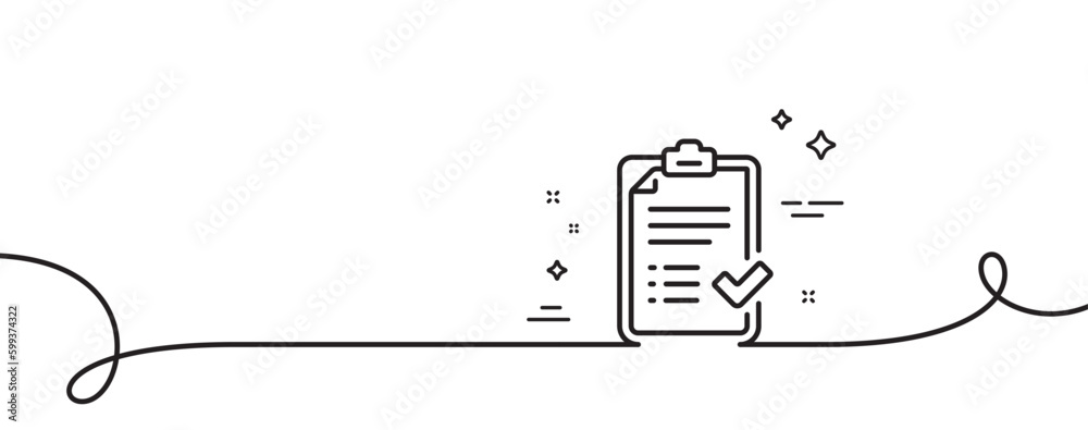 Approved checklist line icon. Continuous one line with curl. Accepted or confirmed sign. Report symbol. Approved checklist single outline ribbon. Loop curve pattern. Vector - obrazy, fototapety, plakaty 