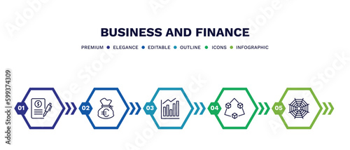 set of business and finance thin line icons. business and finance outline icons with infographic template. linear icons such as bailment, euro money bag, measure success, connection box chart,