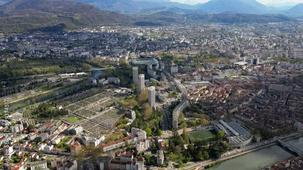 Aerial drone view from above Fort de La Bastille on the panorama of Grenoble - France, French Alps, Auvergne-Rhone-Alpes Region Aerial drone view from above Fort de La Bastille on the panorama of Grenoble - France, French Alps, Auvergne-Rhone-Alpes Region