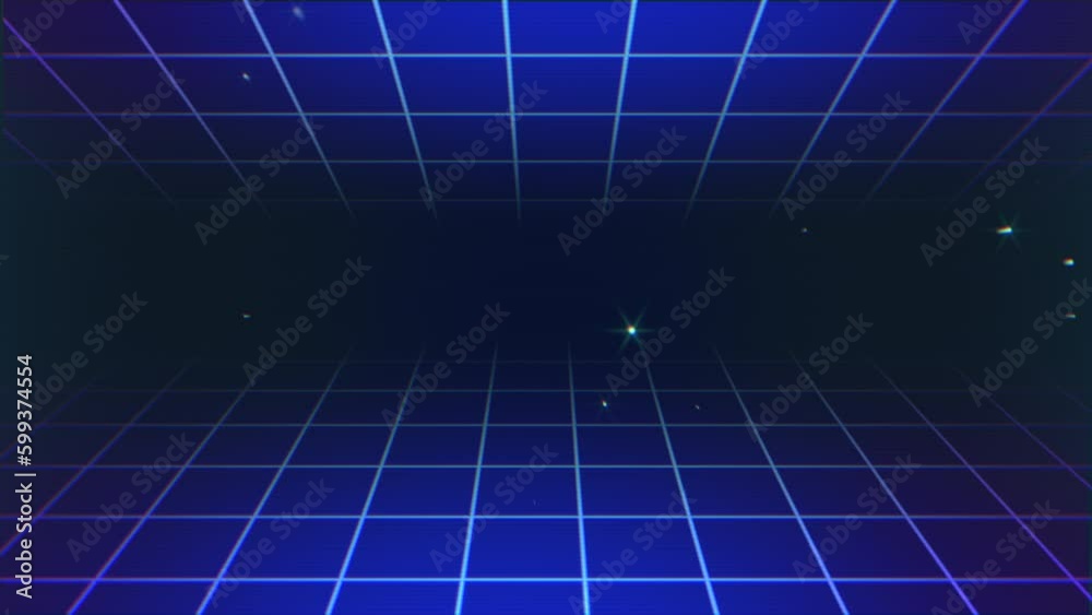 Neon blue grid pattern with sparkles in dark galaxy in 80s style, motion abstract futuristic, cyber and music style background