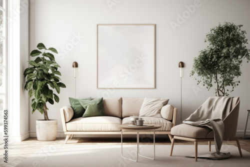 Bright Scandinavian Living Room with Blank Horizontal Poster Frame and Natural Decor