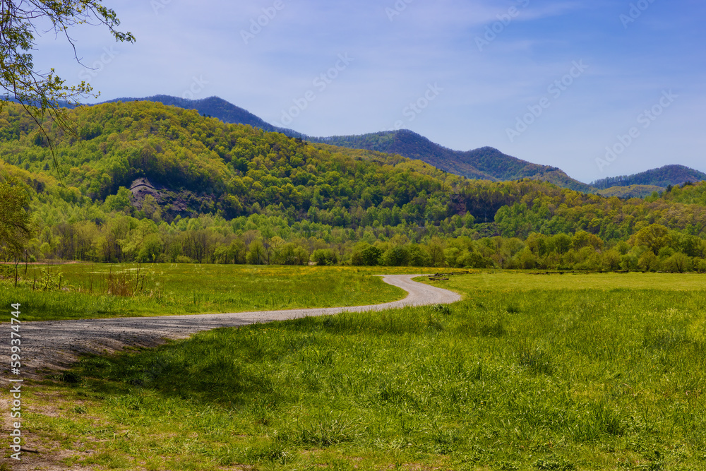 Landscape view of a dirt road in the Smoky Mountains in North Carolina, USA