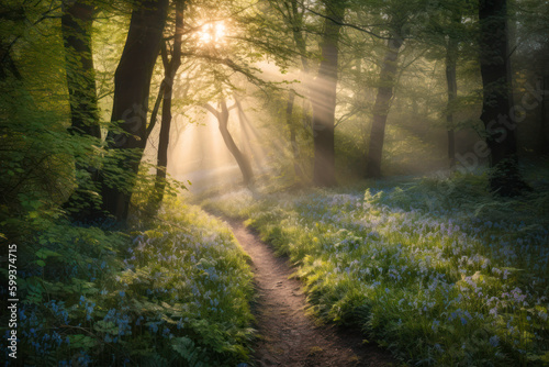 Beautiful Spring woodland forest with path leading through Bluebells and golden rays of light bursting through tree canopies. Generative AI.