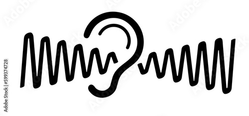 Tinnitus. Ringing in the ears. Human ear with tinnitus icon. Vector line pattern. Unbearable ringing in ears. Concept of diseases of hearing organs or neurology problems. Audiogram and audio wave.