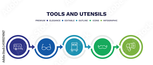 set of tools and utensils thin line icons. tools and utensils outline icons with infographic template. linear icons such as house on wheels, reading glasses, clothes rack, moustaches, megaphone side