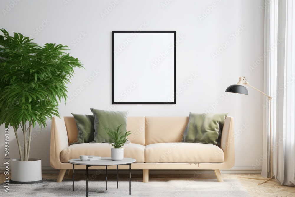 Scandinavian Living Room with Blank Horizontal Poster Frame and Botanical Accents Scandinavian Living Room with Blank Horizontal Poster Frame and Botanical Accents