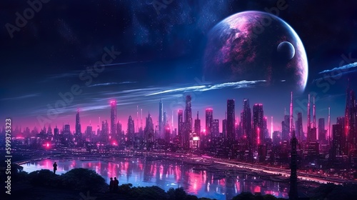 Cyberpunk, synthwave alien planet. City skyline.