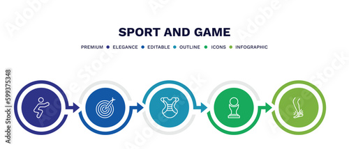 set of sport and game thin line icons. sport and game outline icons with infographic template. linear icons such as squat, dartboard with dart, chest guard, brazilian, sprained ankle vector.