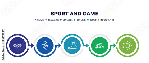 set of sport and game thin line icons. sport and game outline icons with infographic template. linear icons such as champion belt, wushu, ankle, race bike, equipment vector.