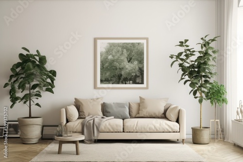 Scandinavian Living Room with Blank Horizontal Poster Frame and Botanical Accents