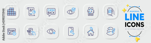 Report, Smartphone repair and Home line icons for web app. Pack of Locked app, Survey, Web timer pictogram icons. Education, Farsightedness, Wholesale inventory signs. Pillow, Check eye. Vector