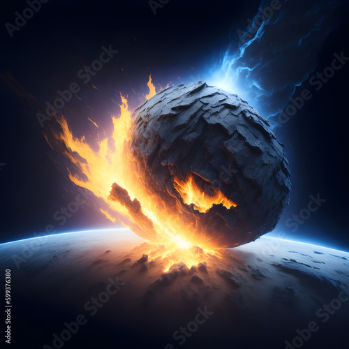 Sci-fi Futuristic Big Rock Asteroid Inpact Planet Surface Crash Flames Plasma Trail Danger Fatal Cosmic Blast Dark Deep Cosmos Realistic Generative Ai Illustration photo