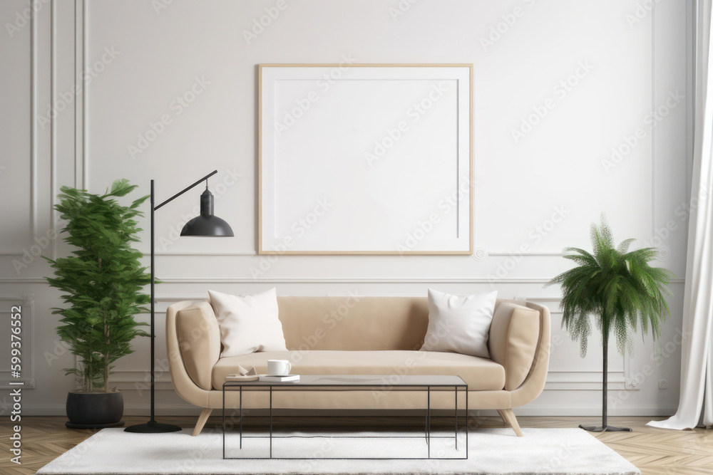 Bright Living Room with Blank Horizontal Poster Frame and Natural Elements Bright Living Room with Blank Horizontal Poster Frame and Natural Elements