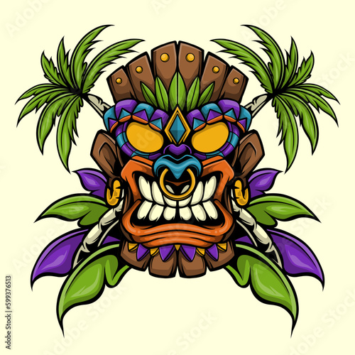 Vector illustration features a vibrant and expressive tiki head with colorful patterns and angry expression, complemented by leaves and palm tree. Perfect for use as logo, t-shirt, sticker, or other.