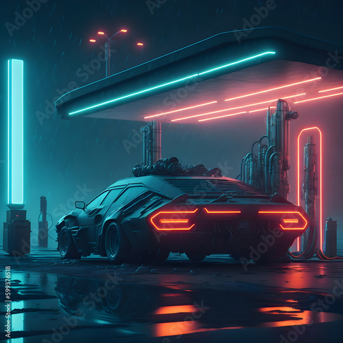 Cyberpunk Synthwave Classic Retro Gas Station Gaming Fast Futuristic Speed Car Model Tube Lights Dark City Landscape Wet Asphalt Concrete Ground Neon Signs Generative Ai Illustration photo