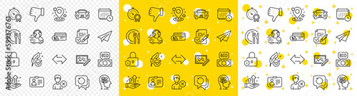 Outline Dish, Remove account and Stress line icons pack for web with Sync, Car, Hypoallergenic tested line icon. Lock, Paper plane, Voting ballot pictogram icon. Payment method. Vector