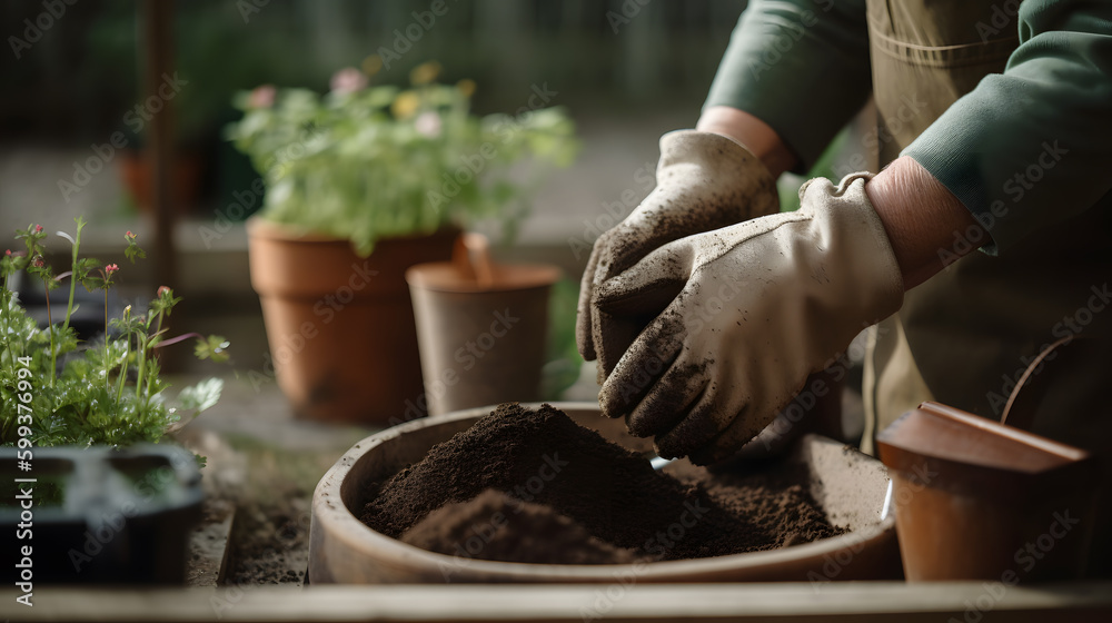 A close-up of a pair of hands holding a trowel, surrounded by soil and potted plants, in a backyard garden. A close-up of a pair of hands holding a trowel, surrounded by soil and potted plants, in a backyard garden.
