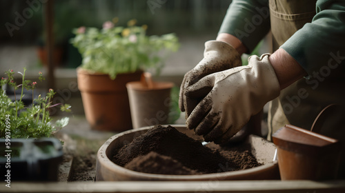 A close-up of a pair of hands holding a trowel, surrounded by soil and potted plants, in a backyard garden.