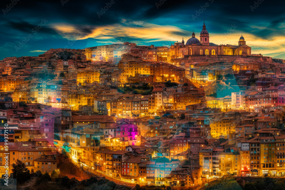 Complete panorama of the architecture, monuments, landscapes and culture of Spain. Images superimposed dynamically with bright colors and beautiful lights creating a harmony. Generative AI