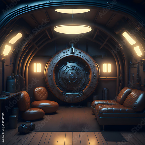 Futuristic Retro Bomb Shelter Livingroom Interior Realistic Metal Plates Wall Lether Sofa and Chairs Neon Tube Lights Glowing Steampunk Gadgets Generative Ai Illustration