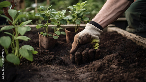 A close-up of a pair of hands holding a trowel, surrounded by soil and potted plants, in a backyard garden