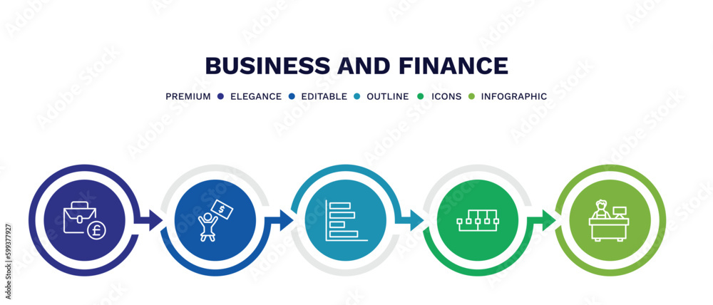Fototapeta premium set of business and finance thin line icons. business and finance outline icons with infographic template. linear icons such as pounds bag of business, woman with dollar bill, horizontal bar chart,