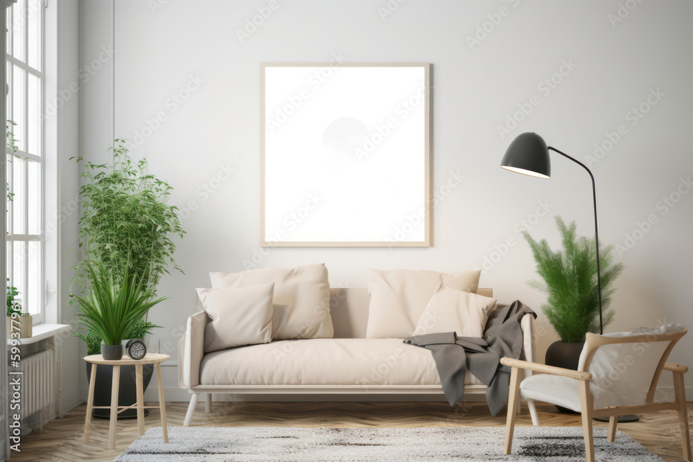 Contemporary Living Room with Blank Horizontal Poster Frame and Natural Light Contemporary Living Room with Blank Horizontal Poster Frame and Natural Light