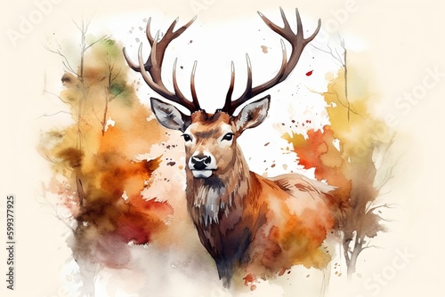A watercolor painting of a deer with antlers created with generative AI technology photo