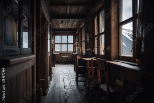 Interior of wooden cottage in mountains. Living room in log cabins with mountain landscape in window. Apartment for hiking tourists. Created with Generative AI