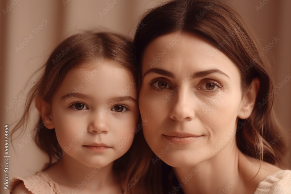 Cheerful woman and young girl looking at camera. Mother and daughter portrait on pastel background. Good relationship between mom and child in the family. Created with Generative AI Cheerful woman and young girl looking at camera. Mother and daughter portrait on pastel background. Good relationship between mom and child in the family. Created with Generative AI