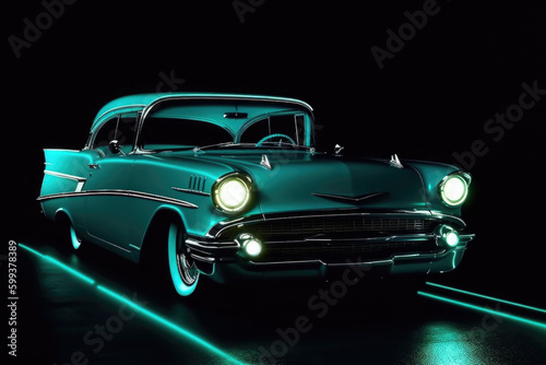 Classic retro car at night with glowing headlamps. American vintage vehicle with colorful illumination on dark background. Created with Generative AI