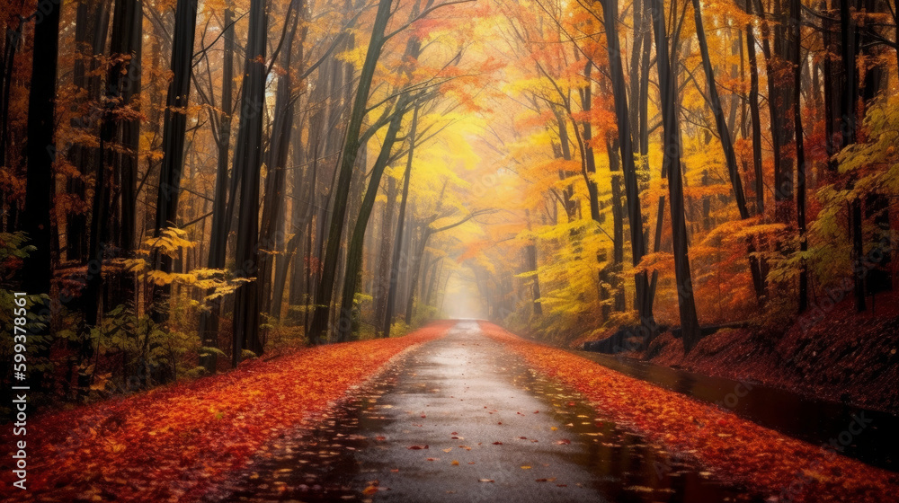 a beautiful long road in the autumn season is lined with trees bearing colorful leaves