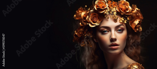 Fantasy portrait woman greek goddess. golden skin body. Girl queen in wreath crown flowers gold roses, generative AI tools