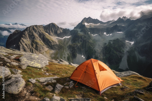 Camping tent with amazing view on mountain landscape at sunset. Hiking and nature travel concept. Outdoor activities in summer. Created with Generative AI © Lazy_Bear