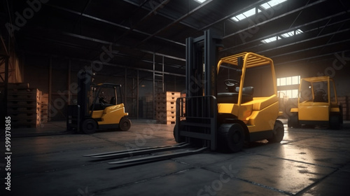 A yellow forklift in a warehouse with the light shining on it. Warehouse logistics.