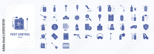 A collection sheet of solid icons for Pest control, including icons like spray, powder, insect, poison and more