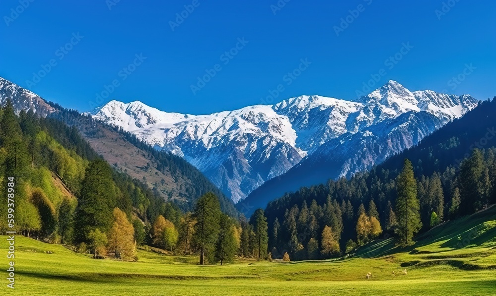  a mountain range with snow capped mountains in the distance and green grass in the foreground.  generative ai