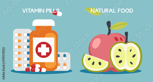Flat design of vitamin pills vs natural food poster. Illustration for websites, landing pages, mobile applications, posters and banners. Trendy flat vector illustration