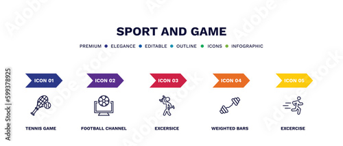 set of sport and game thin line icons. sport and game outline icons with infographic template. linear icons such as tennis game, football channel, excersice, weighted bars, excercise vector.