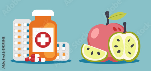 Flat design of pills vs fruits poster. Illustration for websites, landing pages, mobile applications, posters and banners. Trendy flat vector illustration