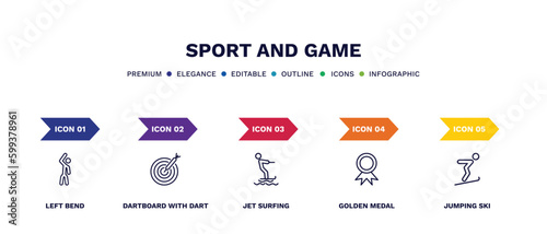 set of sport and game thin line icons. sport and game outline icons with infographic template. linear icons such as left bend, dartboard with dart, jet surfing, golden medal, jumping ski vector.