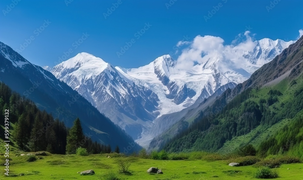  a mountain range with snow on the top and green grass in the foreground.  generative ai